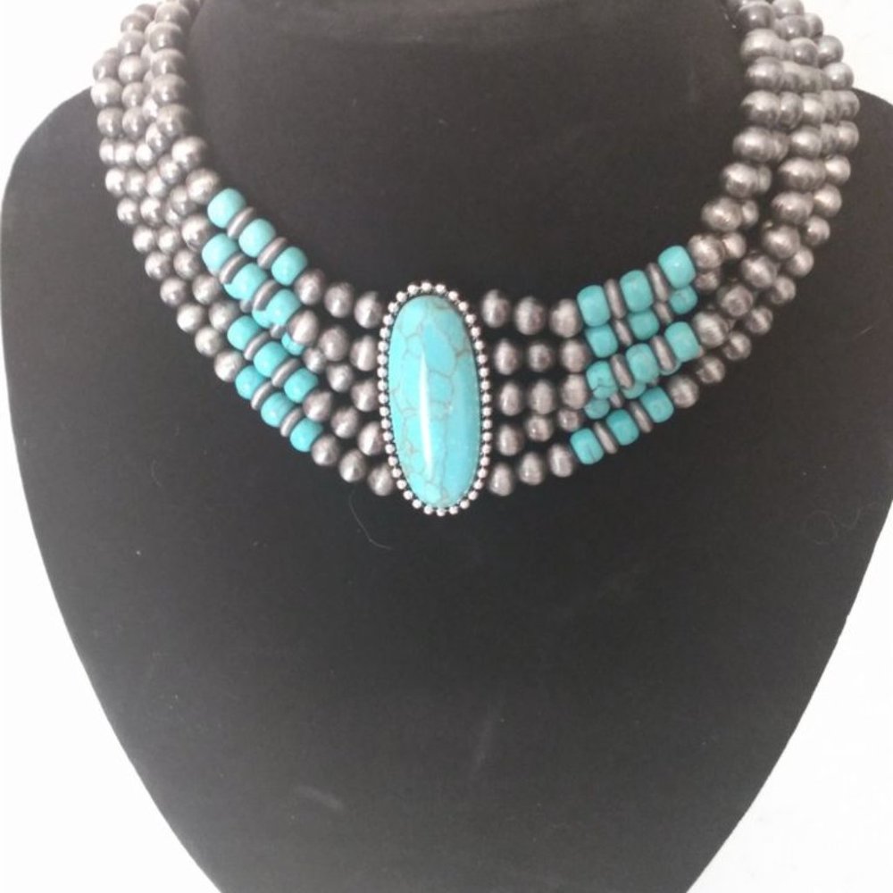 Western Layered Faux Turquoise Beaded Choker Necklace